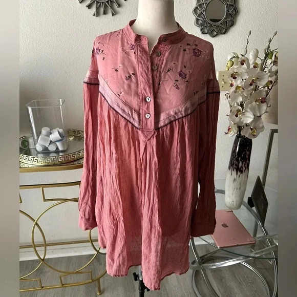 NWT FREE PEOPLE SZM HEARTS & COLORS BUTTON FRONT LONG SLEEVE BOHO CHIC - Picture 5 of 8